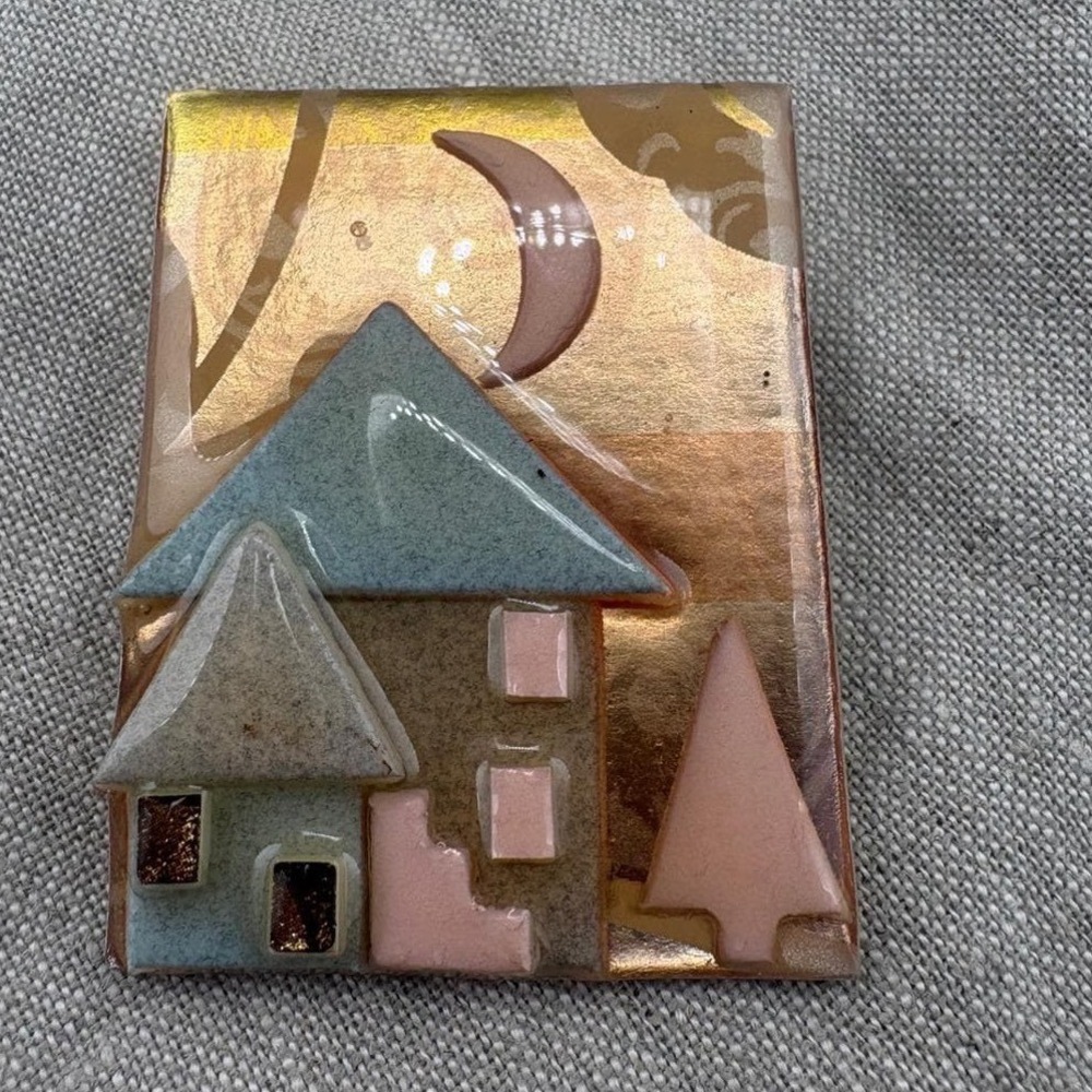 House Pins by Lucinda Yates Vintage Village Moon Resin Brooch Pin Gold Pink Blue